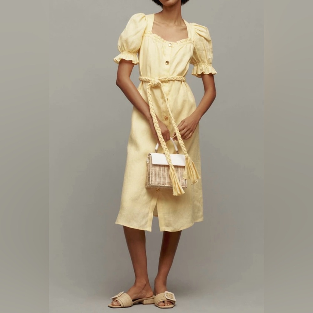English Factory Butter Yellow Puff Sleeve Button-Down Dress